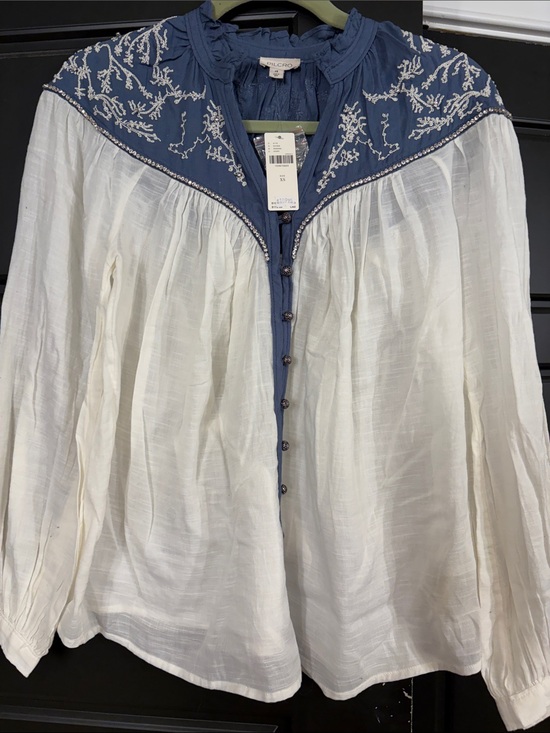 Pilcro Tops - Pilcro White Blouse with Blue Embroidered Yoke